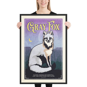 Retro style giclée art print of an North American Gray Fox on a prairie in Texas. It has muted night time colors, textures, and ornate typography, with a headline that says “The North American Gray Fox, Urocyon cinereoargenteuss”.  At the bottom the type says “Cleaver, Cunning and Deceitful. Just like politicians, only cuter.”