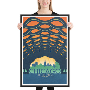 This Chicago travel poster, featuring the Honeycomb (The Education Pavilion)in Lincoln Park, just oozes with an American modern vibe. Bright and bold colors combined with a striking design create a stunning poster, which is sure to make a great addition to any room, with a headline that says “Chicago”.  At the bottom the type says “The Honeycomb – Lincoln Park.”