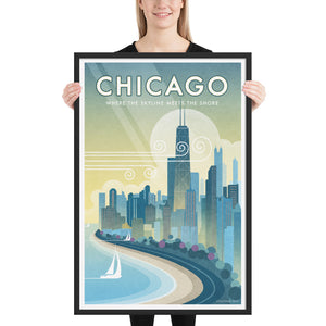 Chicago, Where the Skyline Meets the Shore travel poster. This windy city poster uses bright and rich colors combined with just a hint of humor, to create a stunning image which is sure to make a great addition to any room, with a headline that says “Chicago”.  And subhead that says “Where The Skyline Meets the Shore.”
