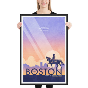 Boston George Washington Statue Travel Poster. In Boston you can walk in the footsteps of heroes like Washington himself. Bright and bold colors combined with a striking design create a stunning poster, which is sure to make a great addition to any room, with a headline that says “Visit Boston”.  At the top, the type says “Walk In The Footsteps of Heroes.” At the bottom, the type says “George Washington Statue — Boston’s Public Garden.”