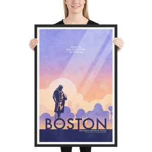 Boston Benjamin Franklin Statue Travel Poster. In Boston you can walk in the footsteps of heroes like Franklin himself. Bright and bold colors combined with a striking design create a stunning poster, which is sure to make a great addition to any room, with a headline that says “Visit Boston”.  At the top, the type says “Walk In The Footsteps of Heroes.” At the bottom, the type says “Benjamin Franklin Statue — Old City Hall — The Freedom Trail.”