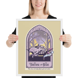The Tortoise and The Hare children's story giclée art print and poster with ornate framing device and title design. It has bright colors, textures, and ornate typography, with a headline that says “The Tortoise and The Hare”.  At the bottom the type says “How slow and steady defeats quick and careless.”