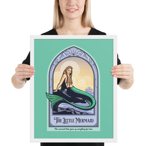 The Little Mermaid  children's story giclée art print and poster with ornate framing device and title design, just like a page from a storybook. It has bright colors, textures, and ornate typography, with a headline that says “The Little Mermaid”.  At the bottom the type says “The mermaid that gives up everything for love.”