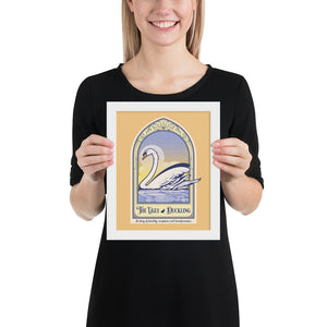 The Ugly Duckling children's story giclée art print and poster with ornate framing device and title design, just like a page from a storybook. The beautiful swan is depicted in bright colors, textures, and ornate typography, with a headline that says “The Ugly Duckling”.  At the bottom the type says “A story of humility, acceptance and transformation .”
