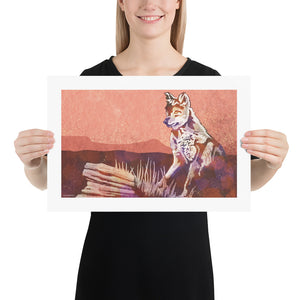 Modern style giclée art print of a Coyote standing on a rock in the wild. With its warm tones, vibrant foreground colors and gritty texture with a minimalist mountainous background. Print size 18" x 12"