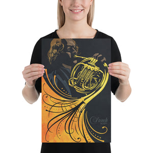 Bold graphic giclée art print of a French Horn player with swirls and flourishes. Bold graphic lines and bright colorful shapes create an energetic poster for classical music lovers.  Print size 12" x 18"