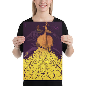 Bold graphic giclée art print of a Cello player with swirls and flourishes. Bold graphic lines and bright colorful shapes create an energetic poster for classical music lovers. Print size 12" x 18"
