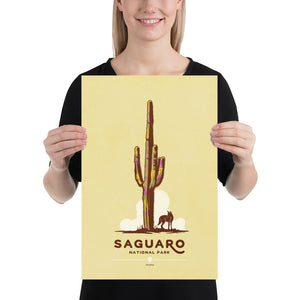 Modern, minimalist giclée art print for Saguaro National Park in Arizona. This simple and classy poster depicts a saguaro cactus with a lone coyote. It has the words “Saguaro National Park, Arizona” at the bottom. The print’s muted overall background color allows the bold and vibrant colors of the main image to pop. Print Size 12" x 18"