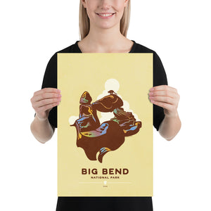 Modern, minimalist giclée art print for Big Bend National Park in Texas. This simple and classy poster depicts a Balanced Rock in Big Bend with a Mountain Lion perched on top. It has the words “Big Bend National Park, Texas” at the bottom. The print’s muted overall background color allows the bold and vibrant colors of the main image to pop.  Print Size 12" x 18"