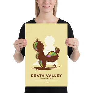 Modern, minimalist giclée art print for Death Valley National Park in California. This simple and classy poster depicts a cactus in Death Valley with a Kangaroo Rat resting in its’ shade. It has the words “Death Valley National Park, California” at the bottom. The print’s muted overall background color allows the bold and vibrant colors of the main image to pop. 