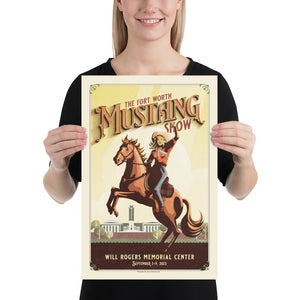 Retro style giclée art print for the Fort Worth Mustang Show featuring a cowgirl on a rearing horse. It has bright colors, textures, and ornate typography, with a headline that says “The Fort Worth Mustang Show”.  At the bottom the type says “Will Rogers Memorial Center.”