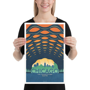 This Chicago travel poster, featuring the Honeycomb (The Education Pavilion)in Lincoln Park, just oozes with an American modern vibe. Bright and bold colors combined with a striking design create a stunning poster, which is sure to make a great addition to any room, with a headline that says “Chicago”.  At the bottom the type says “The Honeycomb – Lincoln Park.”