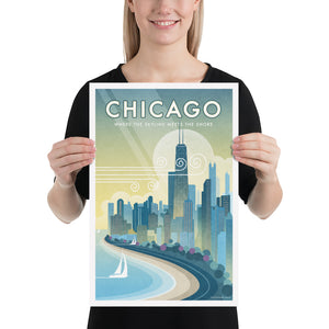 Chicago, Where the Skyline Meets the Shore travel poster. This windy city poster uses bright and rich colors combined with just a hint of humor, to create a stunning image which is sure to make a great addition to any room, with a headline that says “Chicago”.  And subhead that says “Where The Skyline Meets the Shore.”
