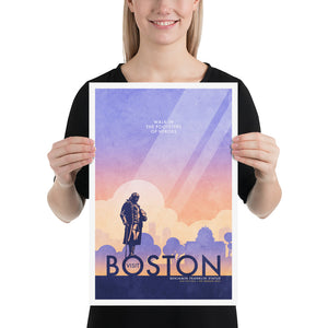 Boston Benjamin Franklin Statue Travel Poster. In Boston you can walk in the footsteps of heroes like Franklin himself. Bright and bold colors combined with a striking design create a stunning poster, which is sure to make a great addition to any room, with a headline that says “Visit Boston”.  At the top, the type says “Walk In The Footsteps of Heroes.” At the bottom, the type says “Benjamin Franklin Statue — Old City Hall — The Freedom Trail.”