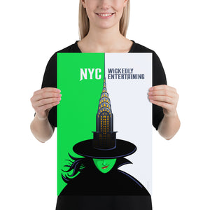 New York City Travel Poster. A little bit of the iconic Chrysler building mixed with a little bit of the Wicked Witch create a wickedly entertaining poster for the city that never sleeps. Bright and bold colors combined with a striking design create a stunning poster, which is sure to make a great addition to any room, with a headline that says “NYC: Wickedly Entertaining”. 