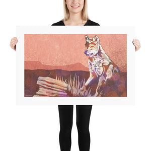 Modern style giclée art print of a Coyote standing on a rock in the wild. With its warm tones, vibrant foreground colors and gritty texture with a minimalist mountainous background. Print Size 36" x 24"