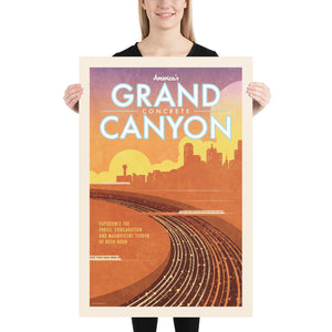 Retro style giclée art print of the Grand Concrete Canyon of America, featuring a modern city skyline, and modern freeway in the foreground. It is brightly colored, yet has gritty texture overall. It has a mid-century modern style and feel. Print size 24"x 36"