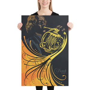 Bold graphic giclée art print of a French Horn player with swirls and flourishes. Bold graphic lines and bright colorful shapes create an energetic poster for classical music lovers. Print Size 24" x 36"