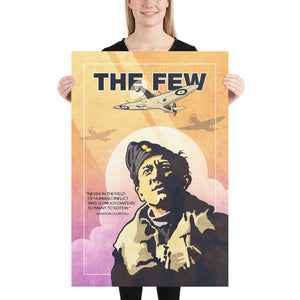 Retro style giclée art print depicting a WWII pilot looking up in the sky as Spitfire fighter planes fly overhead. It has the words “The Few” at the top. The print’s dusty warm colors combined with bright magentas makes for a stunning image. There is a famous quote by Winston Churchill on the print.  Print Size 24" x 36"
