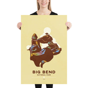 Modern, minimalist giclée art print for Big Bend National Park in Texas. This simple and classy poster depicts a Balanced Rock in Big Bend with a Mountain Lion perched on top. It has the words “Big Bend National Park, Texas” at the bottom. The print’s muted overall background color allows the bold and vibrant colors of the main image to pop. Print Size 24" x 36"