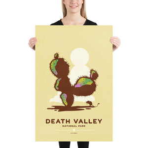 Modern, minimalist giclée art print for Death Valley National Park in California. This simple and classy poster depicts a cactus in Death Valley with a Kangaroo Rat resting in its’ shade. It has the words “Death Valley National Park, California” at the bottom. The print’s muted overall background color allows the bold and vibrant colors of the main image to pop. 
