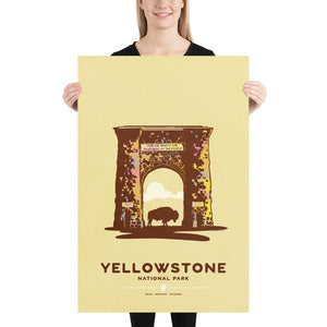Modern, minimalist giclée art print for Yellowstone National Park in Idaho, Montana and Wyoming. The poster depicts the historic Roosevelt Arch—a gateway to Yellowstone—with a bison standing in the middle of it. It has the words “Yellowstone National Park”  and “Idaho, Montana, Wyoming” at the bottom. The print’s muted overall background color allows the bold and vibrant colors of the main image to pop. Print size 24" x 36"