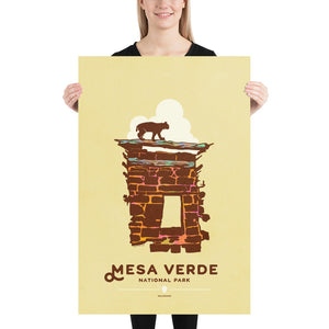 Modern, minimalist giclée art print for Mesa Verde National Park in Colorado. This simple and classy poster depicts a section of the ruins of Mesa Verde with a bobcat walking across the top of it.  It has the words “Mesa Verde National Park, Colorado” at the bottom. The print’s muted overall background color allows the bold and vibrant colors of the main image to pop.  Print Size 24" x 36"