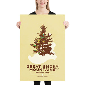 Modern, minimalist giclée art print for Modern, minimalist giclée art print for Great Smoky Mountains National Park in North Carolina and Tennessee. This simple and classy poster depicts a fog wrapped spruce tree with an owl in its branches. It has the words “Great Smoky Mountains National Park, North Carolina • Tennessee” at the bottom.