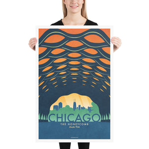 This Chicago travel poster, featuring the Honeycomb (The Education Pavilion)in Lincoln Park, just oozes with an American modern vibe. Bright and bold colors combined with a striking design create a stunning poster, which is sure to make a great addition to any room, with a headline that says “Chicago”.  At the bottom the type says “The Honeycomb – Lincoln Park.”