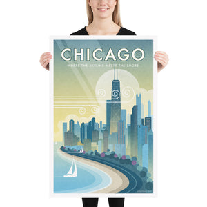 Chicago, Where the Skyline Meets the Shore travel poster. This windy city poster uses bright and rich colors combined with just a hint of humor, to create a stunning image which is sure to make a great addition to any room, with a headline that says “Chicago”.  And subhead that says “Where The Skyline Meets the Shore.”
