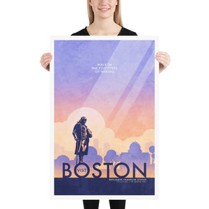 Boston Benjamin Franklin Statue Travel Poster. In Boston you can walk in the footsteps of heroes like Franklin himself. Bright and bold colors combined with a striking design create a stunning poster, which is sure to make a great addition to any room, with a headline that says “Visit Boston”.  At the top, the type says “Walk In The Footsteps of Heroes.” At the bottom, the type says “Benjamin Franklin Statue — Old City Hall — The Freedom Trail.”