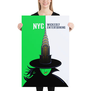 New York City Travel Poster. A little bit of the iconic Chrysler building mixed with a little bit of the Wicked Witch create a wickedly entertaining poster for the city that never sleeps. Bright and bold colors combined with a striking design create a stunning poster, which is sure to make a great addition to any room, with a headline that says “NYC: Wickedly Entertaining”. 