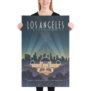 Product mockup of Los Angeles wall art, Griffith print, retro LA poster, vintage travel art, astronomy wall art, Hollywood skyline art, celestial home decor, Art Deco poster, California wall art, city skyline print, starry night decor, movie art print, skyline wall decor