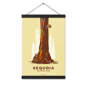 Modern, minimalist giclée art print for Modern, minimalist giclée art print for Sequoia National Park in California. This simple and classy poster depicts a giant Sequoia tree with a black bear attempting to climb it. It has the words “Sequoia National Park, California” at the bottom. The print’s muted overall background color allows the bold and vibrant colors of the main image to pop.  Print with Hanger 12" x 18"