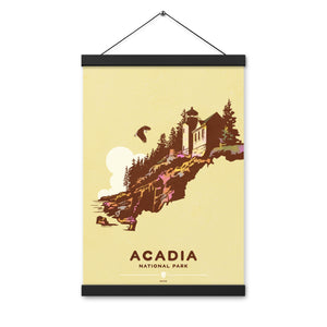 Modern, minimalist giclée art print for Acadia National Park in Maine. This simple and classy poster depicts the historic Bass Harbor Head Light Station—with a Bald Eagle flying overhead. It has the words “Acadia National Park, Maine”  at the bottom. The print’s muted overall background color allows the bold and vibrant colors of the main image to pop. 