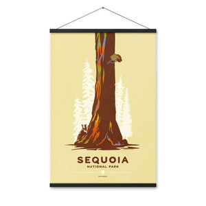 Modern, minimalist giclée art print for Modern, minimalist giclée art print for Sequoia National Park in California. This simple and classy poster depicts a giant Sequoia tree with a black bear attempting to climb it. It has the words “Sequoia National Park, California” at the bottom. The print’s muted overall background color allows the bold and vibrant colors of the main image to pop.  Print with hanger 24" x 36"