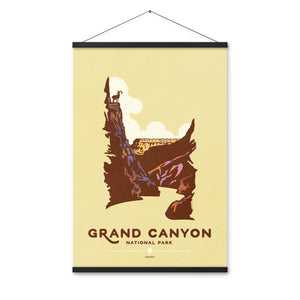 Modern, minimalist giclée art print for Grand Canyon National Park in Arizona. This simple and classy poster depicts a cross section of the Grand Canyon with a Bighorn Sheep on top of one of the edges of the canyon. It has the words “Grand Canyon National Park, Arizona” at the bottom. The print’s muted overall background color allows the bold and vibrant colors of the main image to pop. Print with Hanger size 24" x 36"