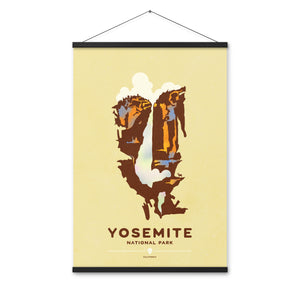 Modern, minimalist giclée art print for Modern, minimalist giclée art print for Yosemite National Park in California. his simple and classy poster depicts a portion of Yosemite Falls with a mule deer on a cliff it. It has the words “Yosemite National Park, California” at the bottom. The print’s muted overall background color allows the bold and vibrant colors of the main image to pop. 