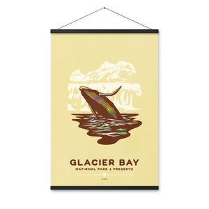 Modern, minimalist giclée art print for Glacier Bay National Park & Preserve in Alaska. This simple and classy poster depicts a humpback whale breaching the waters of Glacier Bay. It has the words “Glacier Bay National Park & Preserve, Alaska” at the bottom. The print’s muted overall background color allows the bold and vibrant colors of the main image to pop. 