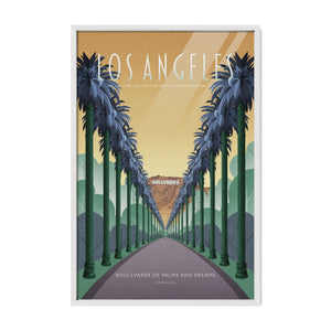 Los Angeles Santa Monica State Beach vintage-style poster in a white wood frame, showing an iconic lifeguard tower and warm golden beach light.
