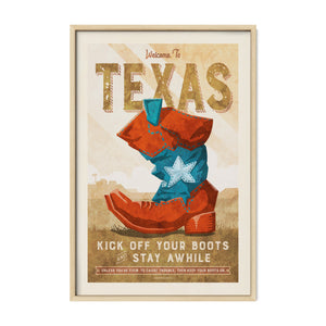 Welcome to Texas retro cowboy boot wall art in a natural oak frame.