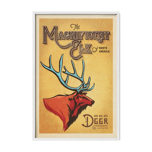 Magnificent Elk vintage wildlife poster in a white frame featuring bold red elk, blue antlers, and vintage graphic typography