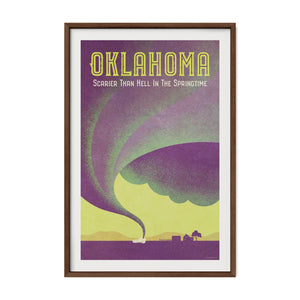 Oklahoma tornado poster in a walnut frame featuring vintage-inspired storm artwork and distressed textures.
