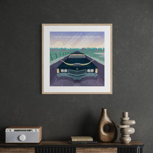 1970 Cadillac Eldorado vintage Texas car art framed in an office featuring a classic Cadillac with longhorns