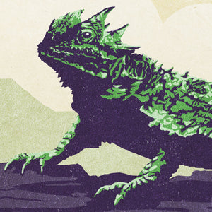Close-up detail of Texas Horned Lizard poster showing layered textures and stylized reptile illustration