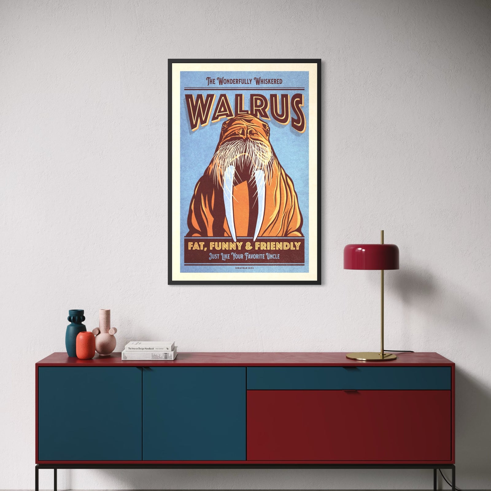 Vintage-style illustrated Walrus poster featuring a large whiskered walrus with long tusks and the words “Fat, Funny & Friendly.”