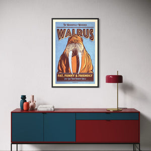 Framed Walrus wildlife art print displayed above a modern credenza, featuring a bold vintage-inspired animal illustration.