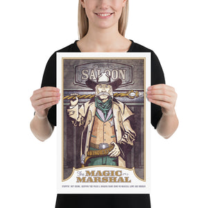 Product mockup of A fantasy-western art print featuring the Magic Marshal—an enchanted lawman blending gritty Old West style with magical charm. Perfect for fantasy lovers, western fans, and unique home decor.