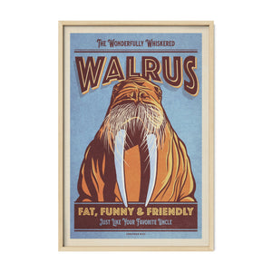 Walrus wildlife art print in a natural oak frame featuring a humorous vintage-inspired animal illustration.