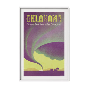 Oklahoma tornado poster in a white frame featuring a dramatic funnel cloud, rural landscape, and retro travel poster design.